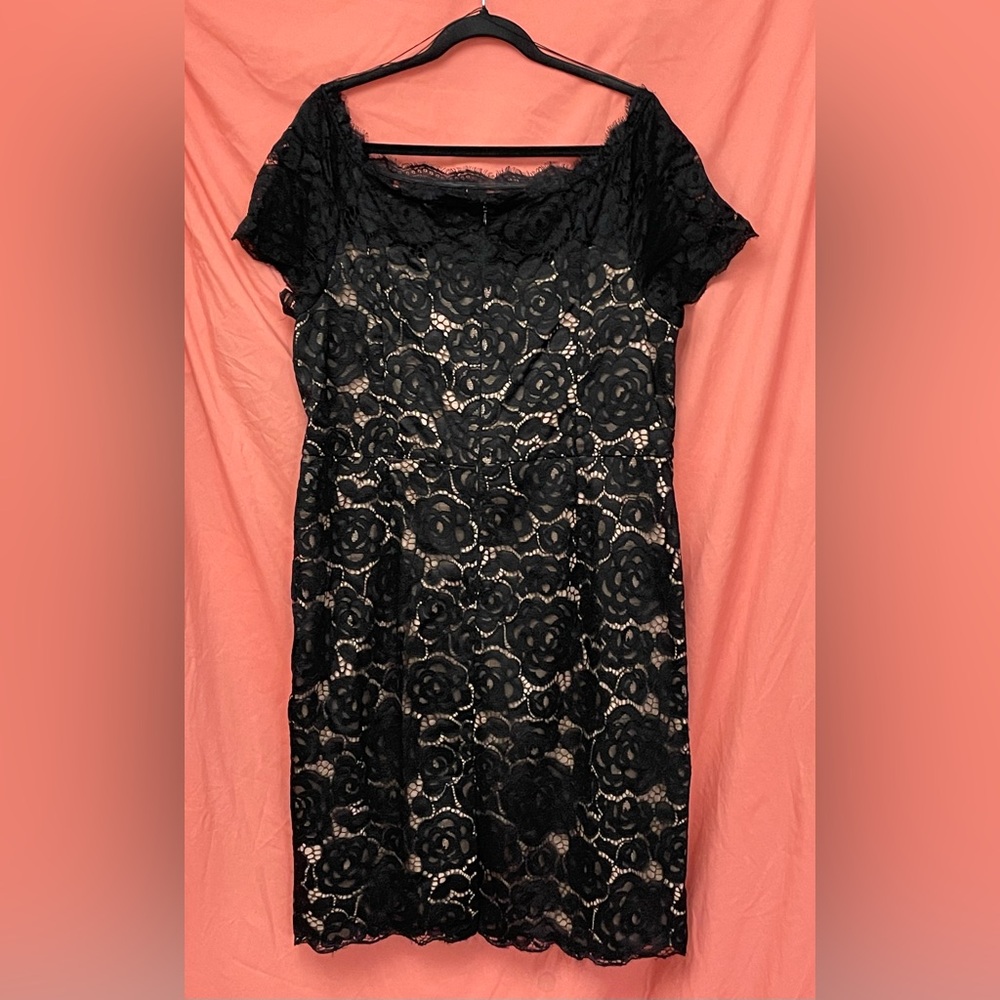 Adrianna Papell Black Lace Mini Dress with Tan Built in Slip size 16w